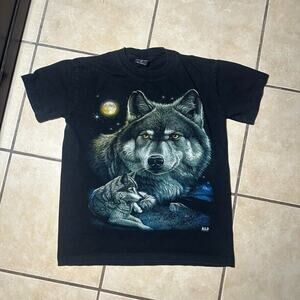 Vintage Y2K WILD Nature Wolf Black Double Sided Graphic Tee Mens Size Medium